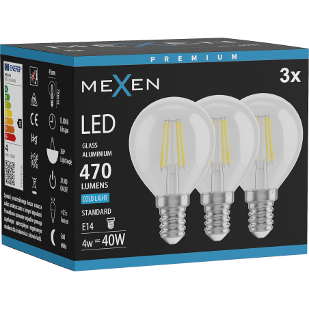 Mexen Vintis 3x LED žárovka filament E14, G45, 4W, Studená - 6500K, 470 lm, čirá - L156-E14-0465-00x03