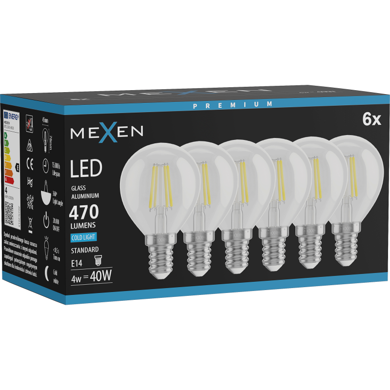 Mexen Vintis 6x Žárovka filament LED E14, G45, 4W, Studená - 6500K, 470 lm, čirá - L156-E14-0465-00x06