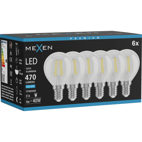 Mexen Vintis 6x Žárovka filament LED E14, G45, 4W, Studená - 6500K, 470 lm, čirá - L156-E14-0465-00x06
