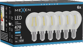 Mexen Vintis 6x Žárovka filament LED E14, G45, 4W, Studená - 6500K, 470 lm, čirá - L156-E14-0465-00x06
