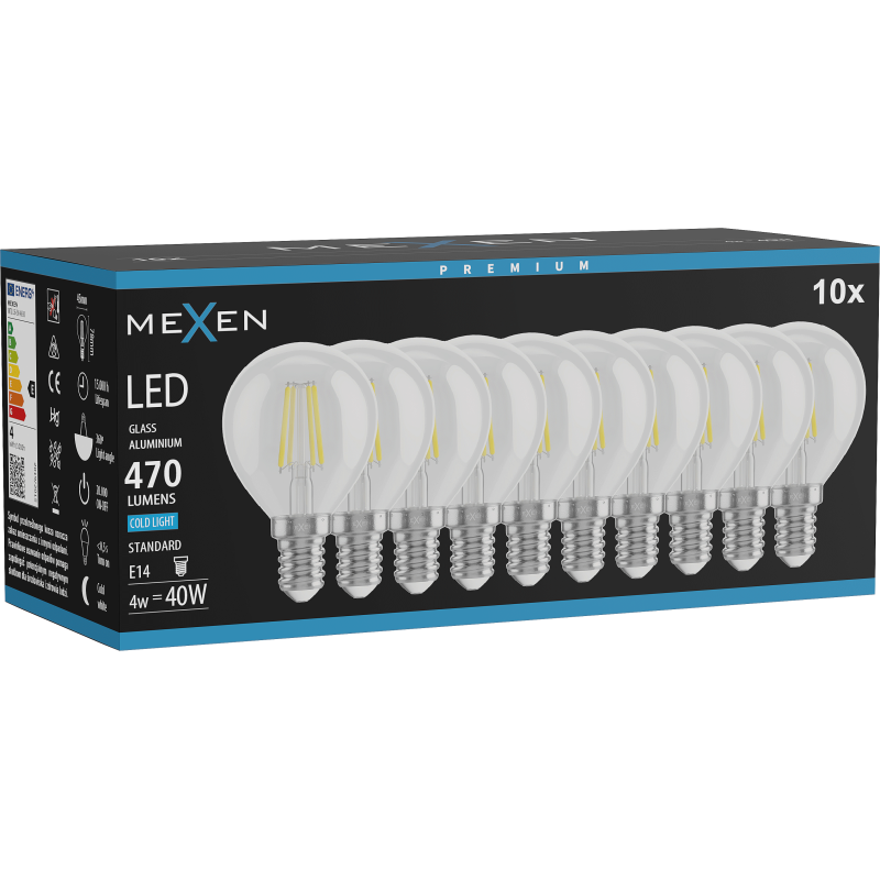 Mexen Vintis 10x LED žárovka filament E14, G45, 4W, Studená - 6500K, 470 lm, čirá - L156-E14-0465-00x10