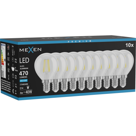 Mexen Vintis 10x LED žárovka filament E14, G45, 4W, Studená - 6500K, 470 lm, čirá - L156-E14-0465-00x10