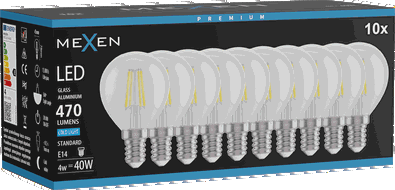 Mexen Vintis 10x LED žárovka filament E14, G45, 4W, Studená - 6500K, 470 lm, čirá - L156-E14-0465-00x10