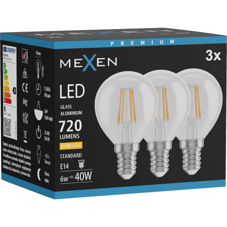 Mexen Vintis 3x žárovka filament LED E14, G45, 6W, Teplá - 2700K, 720 lm, čirá - L156-E14-0627-00x03