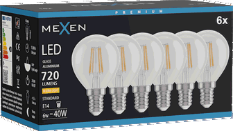 Mexen Vintis 6x žárovka filament LED E14, G45, 6W, Teplá - 2700K, 720 lm, čirá - L156-E14-0627-00x06