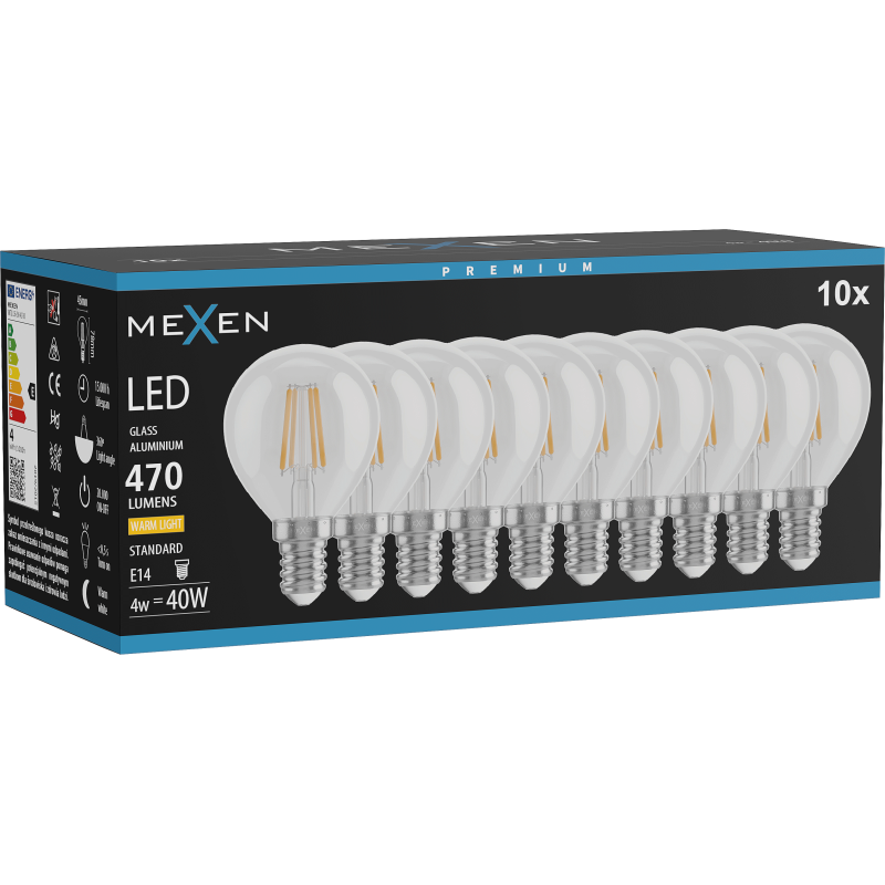 Mexen Vintis 10x LED filament žárovka E14, G45, 6W, Teplá - 2700K, 720 lm, čirá - L156-E14-0627-00x10