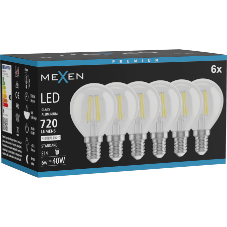 Mexen Vintis 6x Žárovka filament LED E14, G45, 6W, Neutrální - 4000K, 720 lm, čirá - L156-E14-0640-00x06