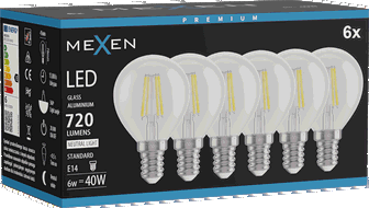 Mexen Vintis 6x Žárovka filament LED E14, G45, 6W, Neutrální - 4000K, 720 lm, čirá - L156-E14-0640-00x06