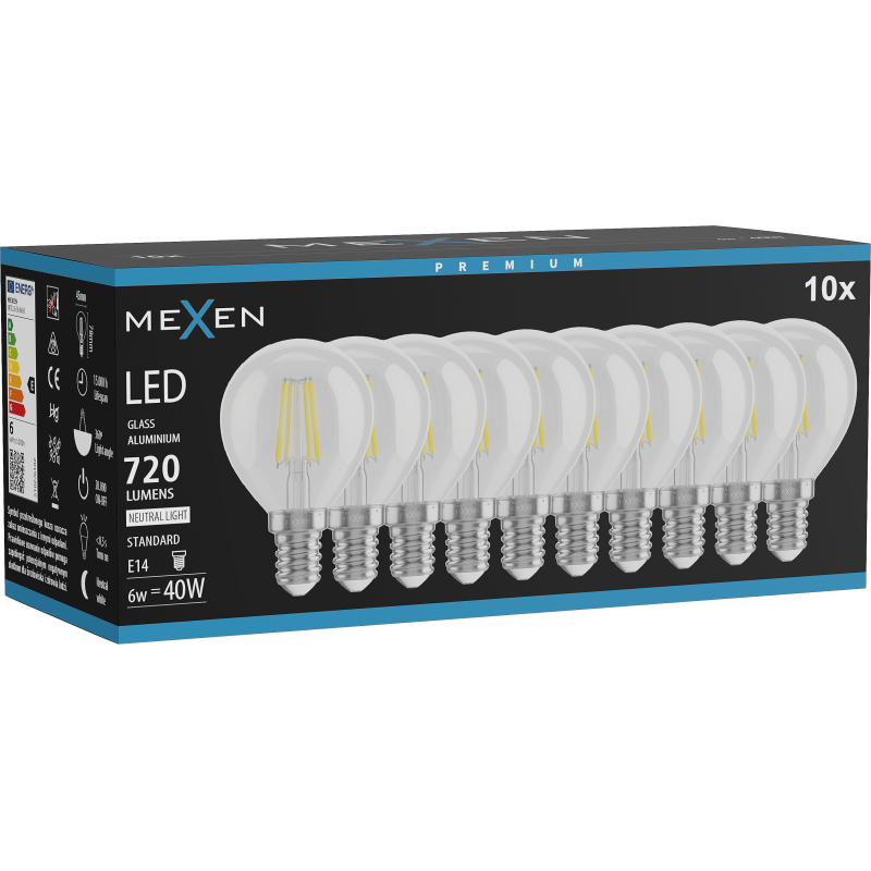 Mexen Vintis 10x žárovka filament LED E14, G45, 6W, Neutrální - 4000K, 720 lm, čirá - L156-E14-0640-00x10