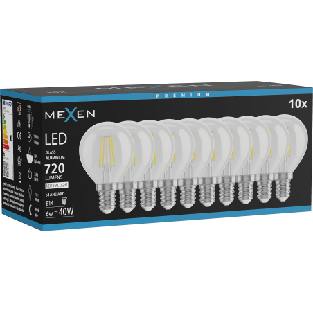 Mexen Vintis 10x žárovka filament LED E14, G45, 6W, Neutrální - 4000K, 720 lm, čirá - L156-E14-0640-00x10