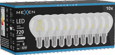 Mexen Vintis 10x žárovka filament LED E14, G45, 6W, Neutrální - 4000K, 720 lm, čirá - L156-E14-0640-00x10