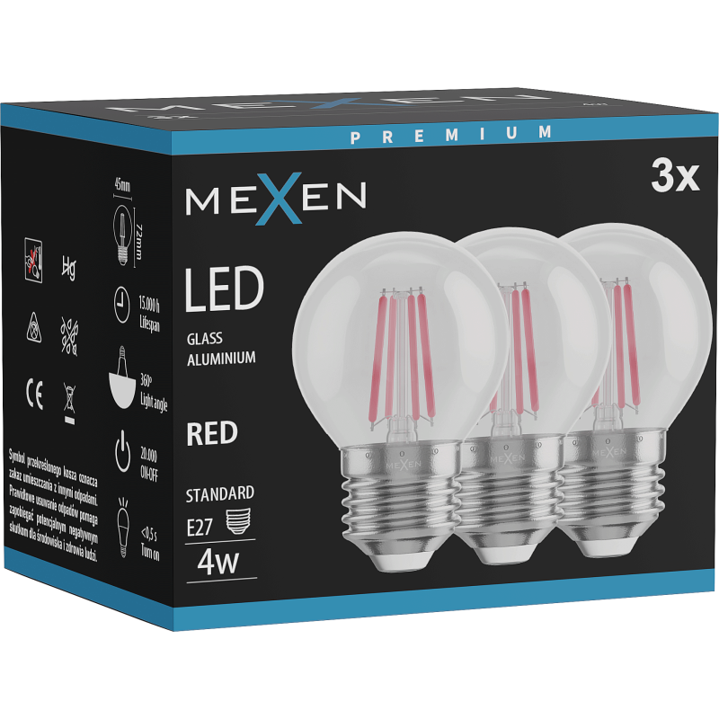 Mexen Vintis 3x LED žárovka E27, G45, 4W, 55 lm, červená - L156-E27-04XX-45x03