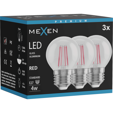 Mexen Vintis 3x LED žárovka E27, G45, 4W, 55 lm, červená - L156-E27-04XX-45x03