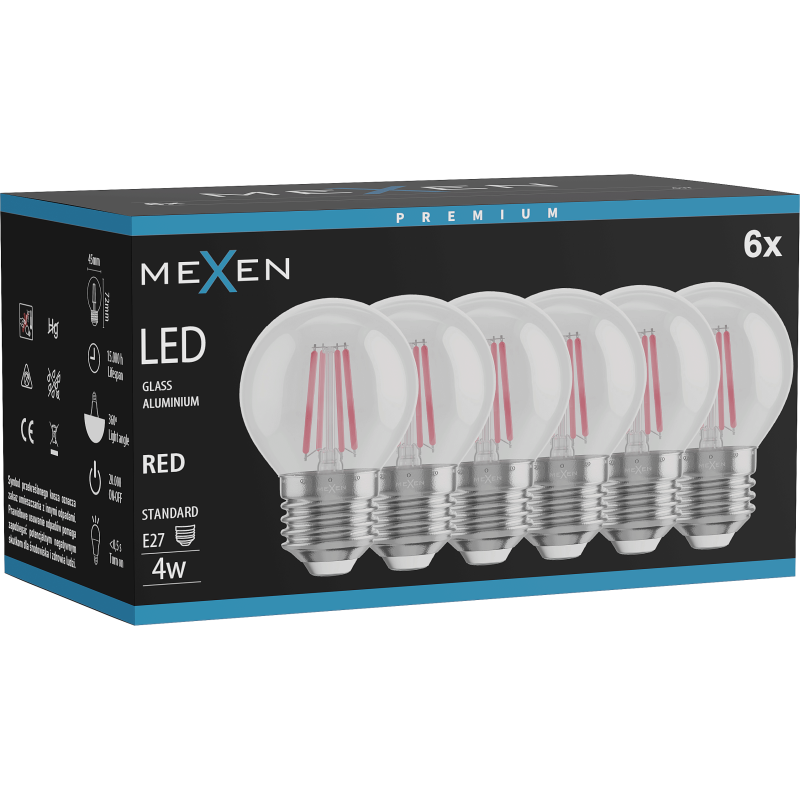 Mexen Vintis 6x žárovka filament LED E27, G45, 4W, 55 lm, červená - L156-E27-04XX-45x06