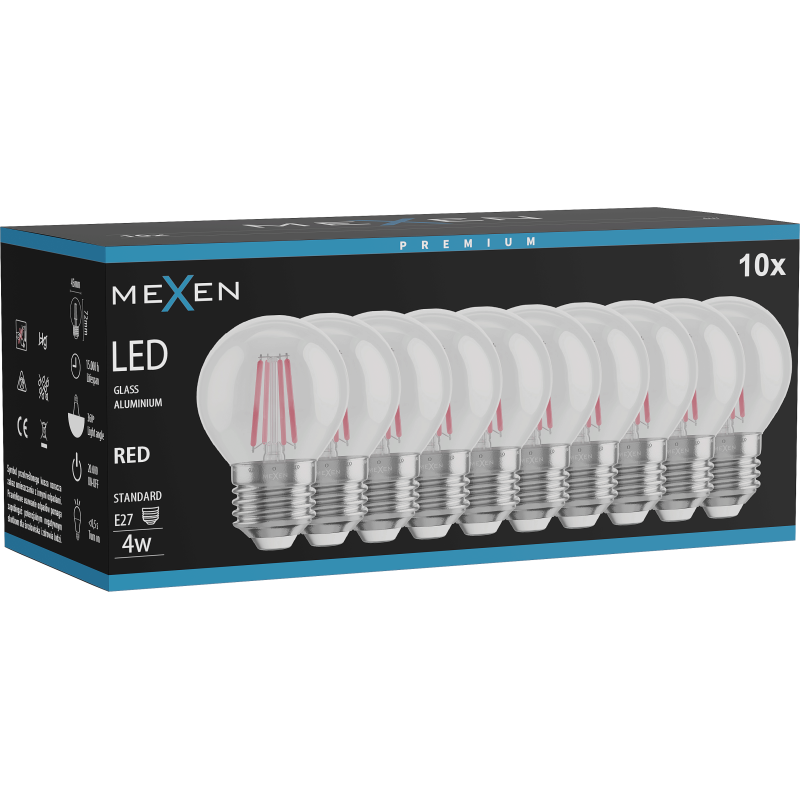 Mexen Vintis 10x žárovka filament LED E27, G45, 4W, 55 lm, červená - L156-E27-04XX-45x10