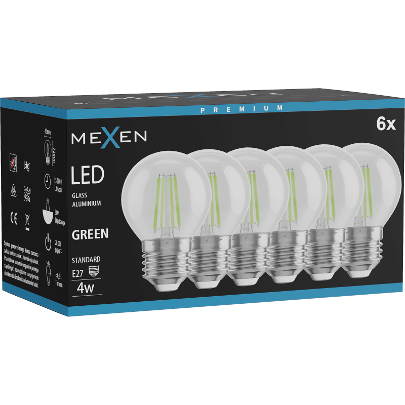 Mexen Vintis 6x žárovka filament LED E27, G45, 4W, 55 lm, zelená - L156-E27-04XX-46x06