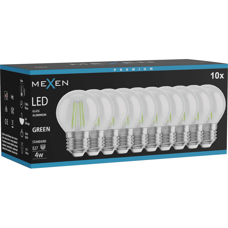 Mexen Vintis 10x LED filamentová žárovka E27, G45, 4W, 55 lm, zelená - L156-E27-04XX-46x10
