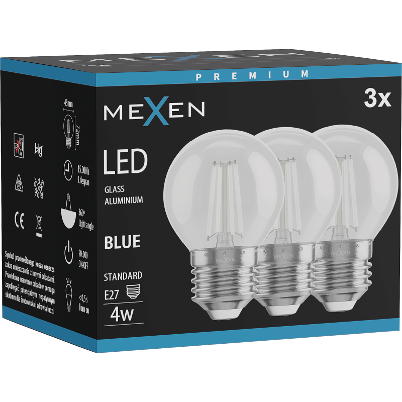 Mexen Vintis 3x LED žárovka filament E27, G45, 4W, 55 lm, modrá - L156-E27-04XX-47x03