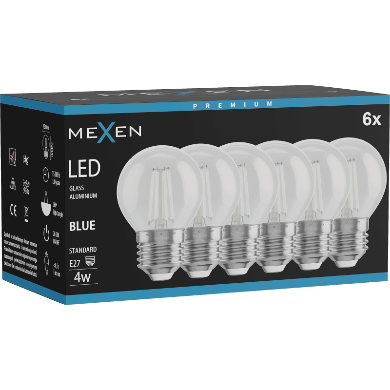 Mexen Vintis 6x žárovka filament LED E27, G45, 4W, 55 lm, modrá - L156-E27-04XX-47x06