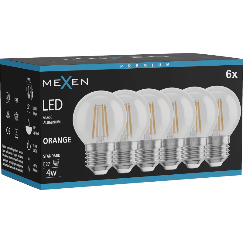 Mexen Vintis 6x žárovka filament LED E27, G45, 4W, 55 lm, oranžová - L156-E27-04XX-48x06