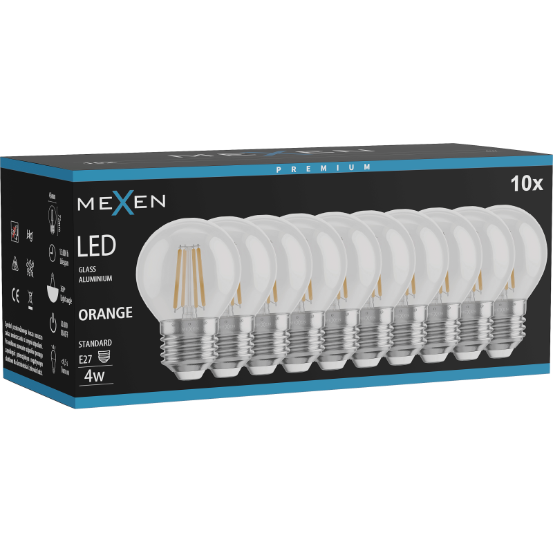 Mexen Vintis 10x LED filamentová žárovka E27, G45, 4W, 55 lm, oranžová - L156-E27-04XX-48x10