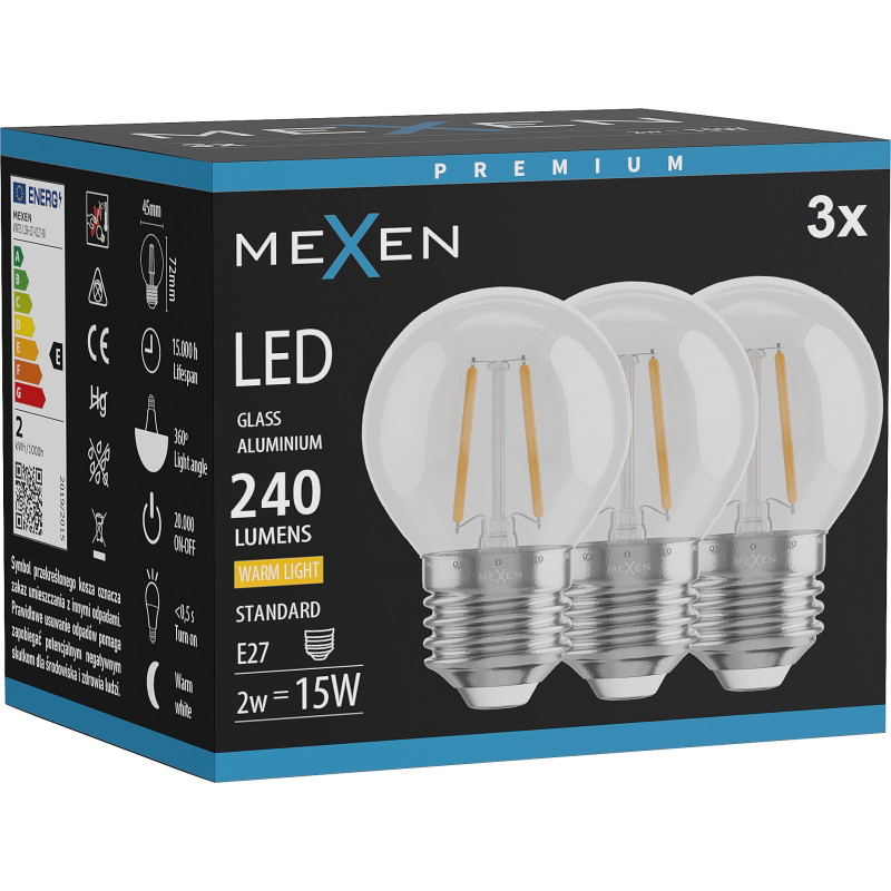 Mexen Vintis 3x LED žárovka filament E27, G45, 2W, Teplá - 2700K, 240 lm, čirá - L156-E27-0227-00x03