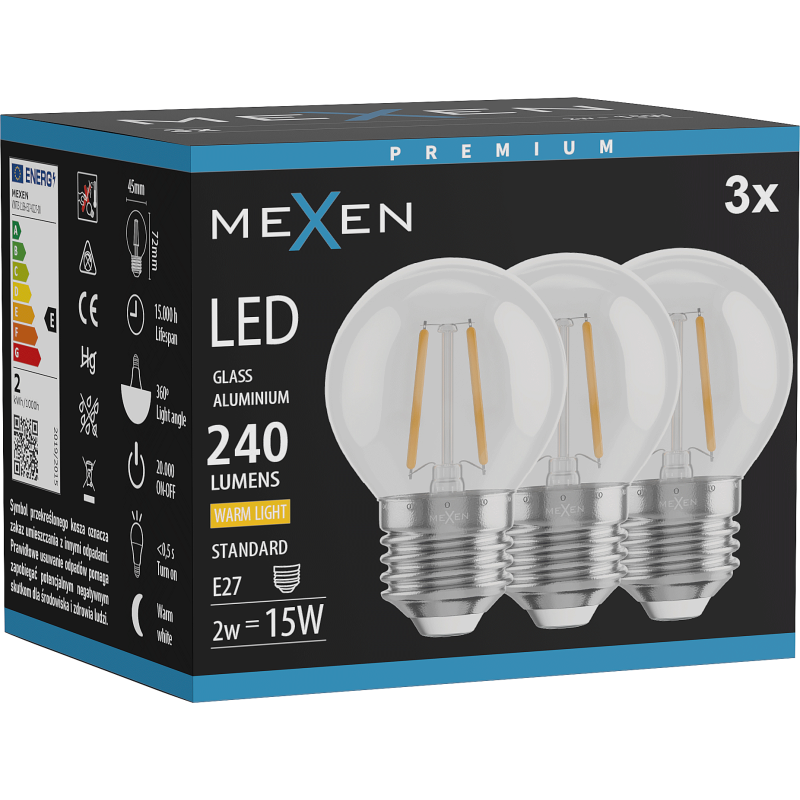 Mexen Vintis 3x Žárovka filament LED E27, G45, 2W, Teplá - 2700K, 240 lm, čirá - L156-E14-0227-00x03 - L156-E27-0227-00x03