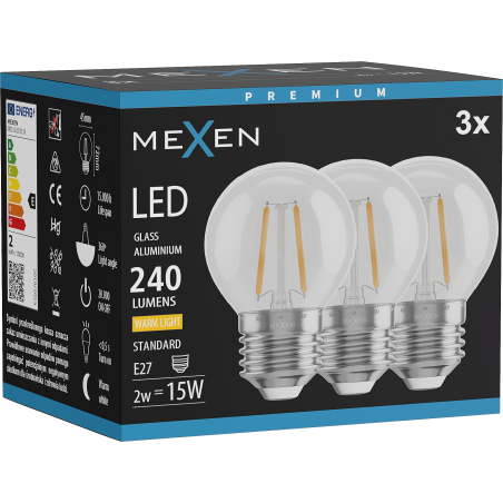 Mexen Vintis 3x LED žárovka filament E27, G45, 2W, Teplá - 2700K, 240 lm, čirá - L156-E27-0227-00x03