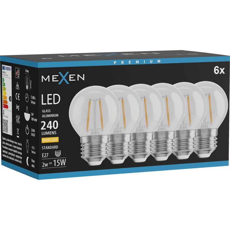Mexen Vintis 6x LED filament žárovka E27, G45, 2W, Teplá - 2700K, 240 lm, čirá - L156-E27-0227-00x06