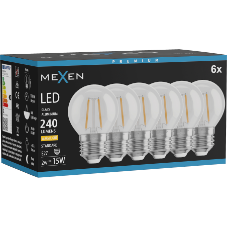 Mexen Vintis 6x LED filament žárovka E27, G45, 2W, Teplá - 2700K, 240 lm, čirá - L156-E27-0227-00x06