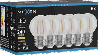 Mexen Vintis 6x LED filament žárovka E27, G45, 2W, Teplá - 2700K, 240 lm, čirá - L156-E27-0227-00x06