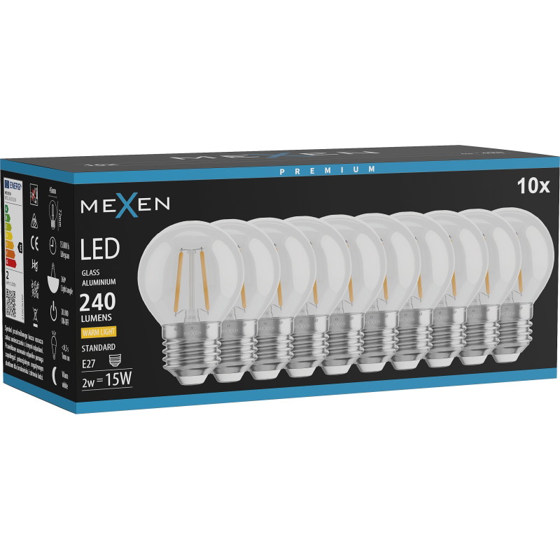 Mexen Vintis 10x LED žárovka s vláknem E27, G45, 2W, Teplá - 2700K, 240 lm, čirá - L156-E27-0227-00x10