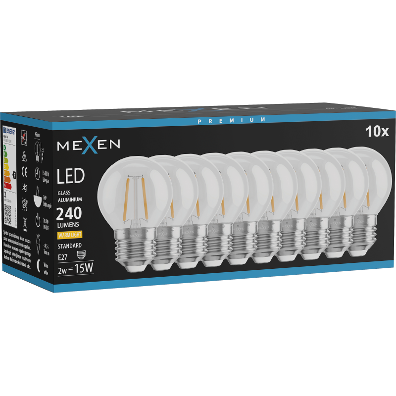 Mexen Vintis 10x Žárovka filament LED E27, G45, 2W, Teplá - 2700K, 240 lm, čirá - L156-E14-0227-00x10 - L156-E27-0227-00x10