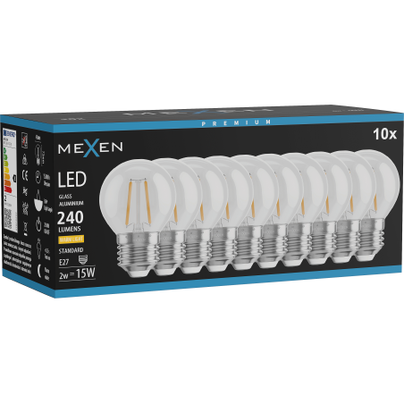 Mexen Vintis 10x LED žárovka s vláknem E27, G45, 2W, Teplá - 2700K, 240 lm, čirá - L156-E27-0227-00x10