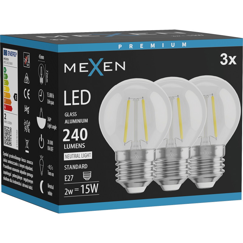 Mexen Vintis 3x LED žárovka filament E27, G45, 2W, Neutrální - 4000K, 240 lm, čirá - L156-E27-0227-00x03