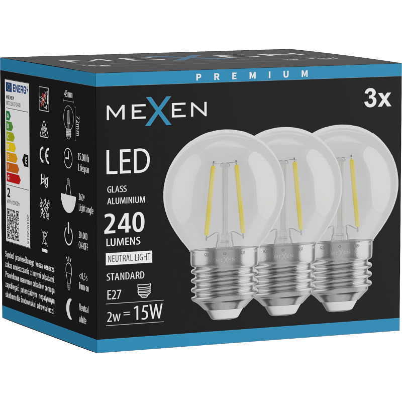 Mexen Vintis 3x žárovka filament LED E27, G45, 2W, Neutrální - 4000K, 240 lm, čirá - L156-E14-0227-00x03