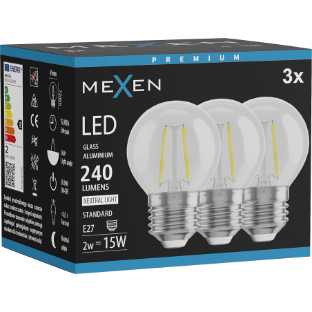 Mexen Vintis 3x LED žárovka filament E27, G45, 2W, Neutrální - 4000K, 240 lm, čirá - L156-E27-0227-00x03