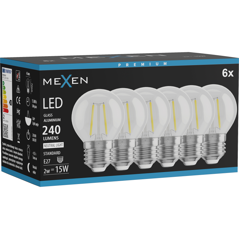 Mexen Vintis 6x žárovka filament LED E27, G45, 2W, Neutrální - 4000K, 240 lm, čirá - L156-E14-0227-00x06