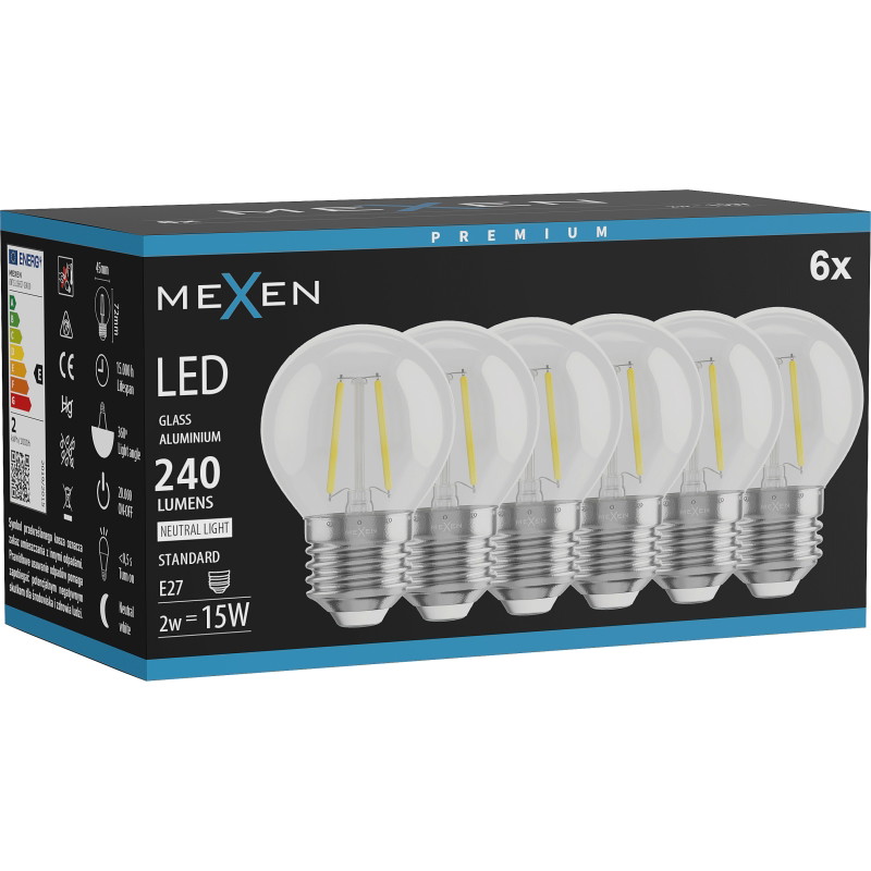 Mexen Vintis 6x žárovka filament LED E27, G45, 2W, Neutrální - 4000K, 240 lm, čirá - L156-E27-0227-00x06