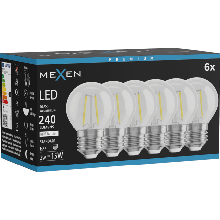 Mexen Vintis 6x žárovka filament LED E27, G45, 2W, Neutrální - 4000K, 240 lm, čirá - L156-E27-0227-00x06
