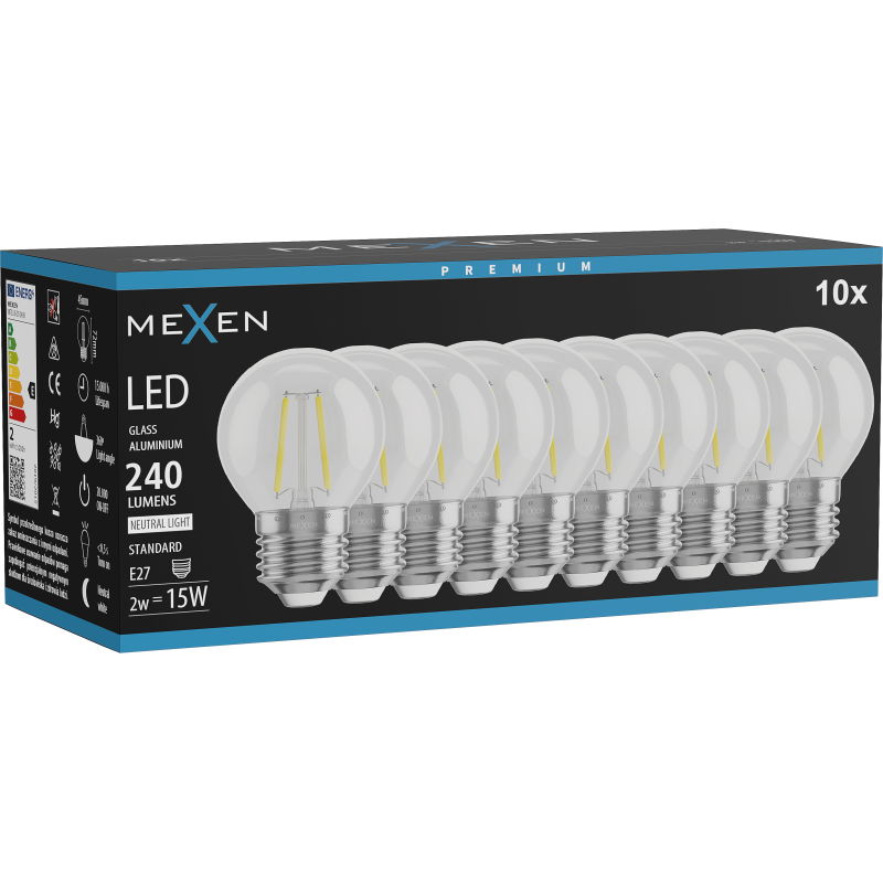 Mexen Vintis 10x žárovka filament LED E27, G45, 2W, Neutrální - 4000K, 240 lm, čirá - L156-E14-0227-00x10