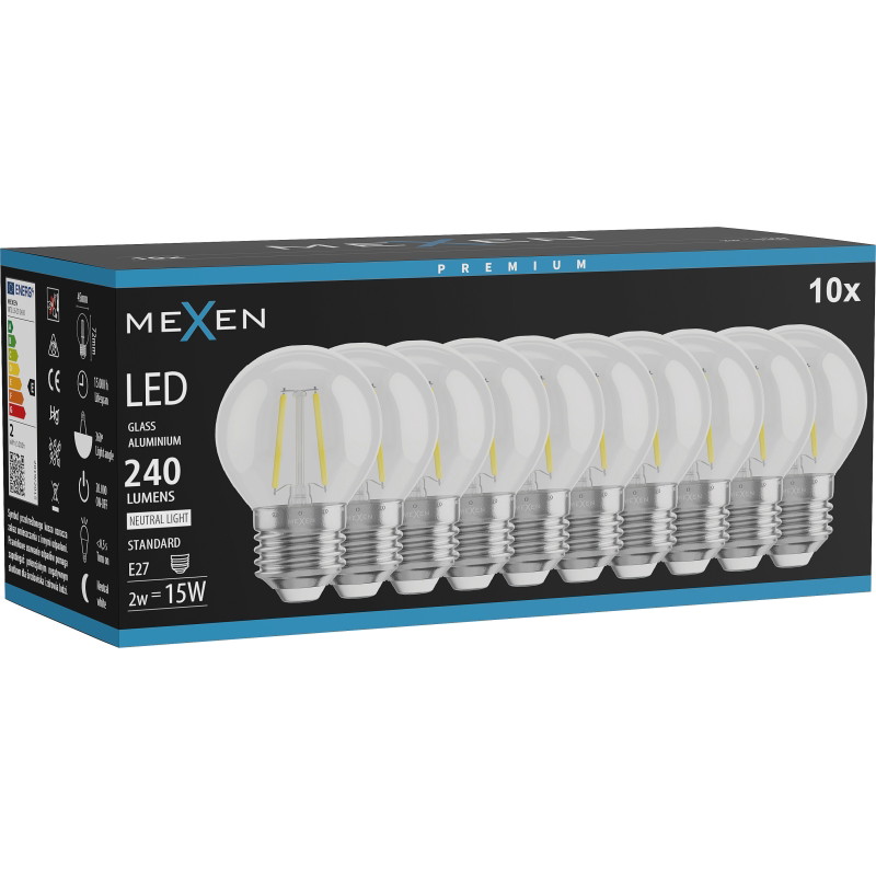 Mexen Vintis 10x žárovka filament LED E27, G45, 2W, Neutrální - 4000K, 240 lm, čirá - L156-E27-0227-00x10