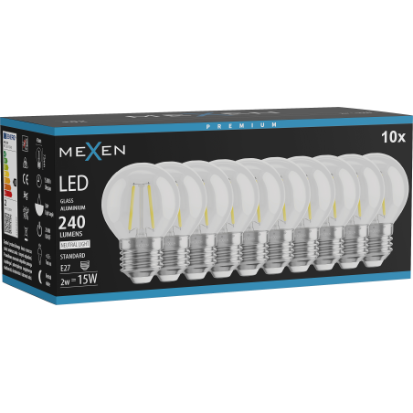 Mexen Vintis 10x žárovka filament LED E27, G45, 2W, Neutrální - 4000K, 240 lm, čirá - L156-E27-0227-00x10