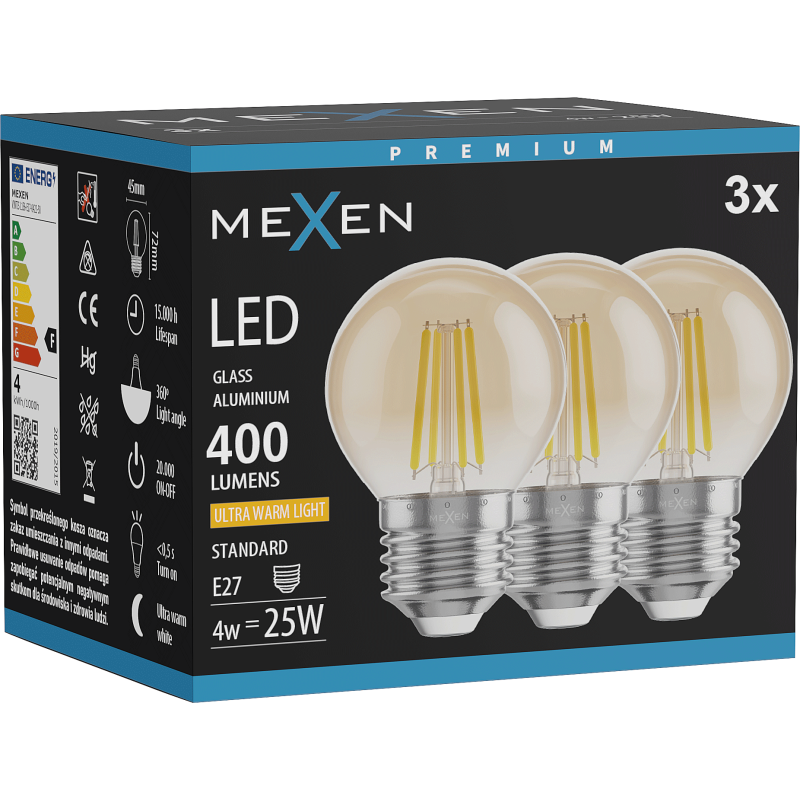 Mexen Vintis 3x žárovka filament LED E27, G45, 4W, Teplá - 2200K, 400 lm, jantarová - L156-E27-0422-50x03