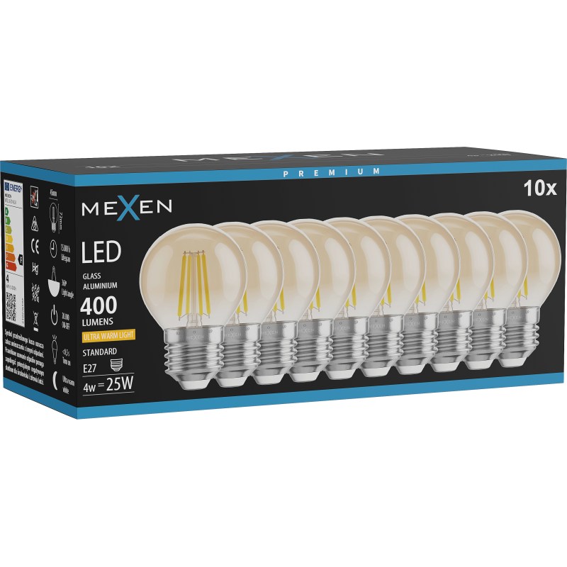 Mexen Vintis 10x žárovka filament LED E27, G45, 4W, Teplá - 2200K, 400 lm, jantarová - L156-E27-0422-50x10