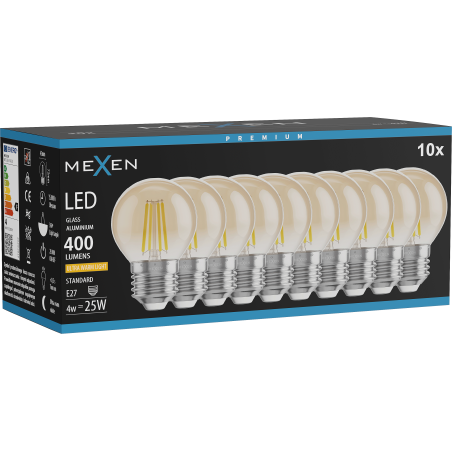 Mexen Vintis 10x žárovka filament LED E27, G45, 4W, Teplá - 2200K, 400 lm, jantarová - L156-E27-0422-50x10