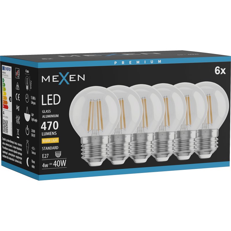 Mexen Vintis 6x LED žárovka filament E27, G45, 4W, Teplá - 2700K, 470 lm, čirá - L156-E27-0427-00x06