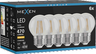 Mexen Vintis 6x LED žárovka filament E27, G45, 4W, Teplá - 2700K, 470 lm, čirá - L156-E27-0427-00x06