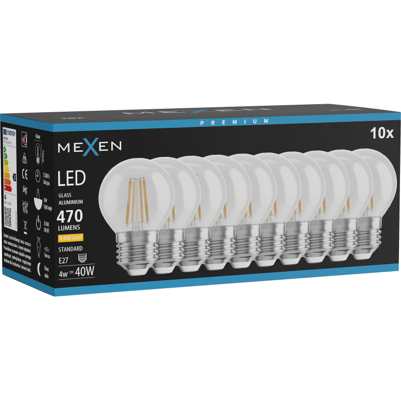 Mexen Vintis 10x LED filamentová žárovka E27, G45, 4W, Teplá - 2700K, 470 lm, čirá - L156-E27-0427-00x10