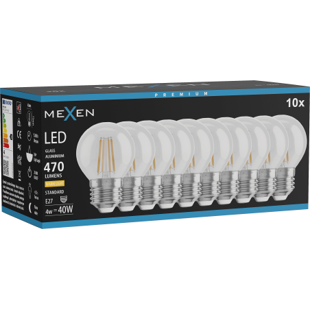 Mexen Vintis 10x LED filamentová žárovka E27, G45, 4W, Teplá - 2700K, 470 lm, čirá - L156-E27-0427-00x10